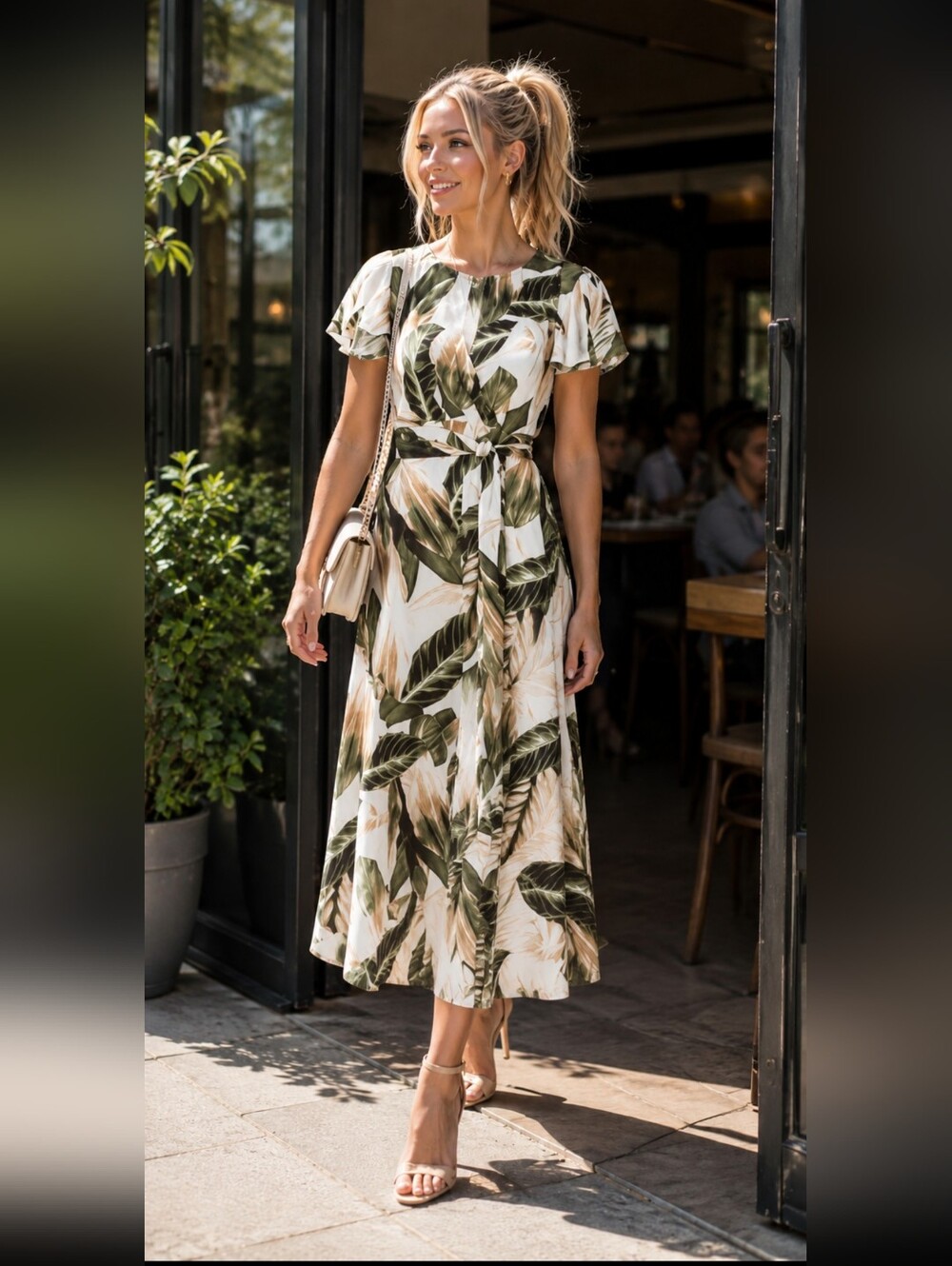 Great Jones Palm Leaf-Printed Tie Waist Midi Dress